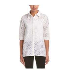 Gracia White Button Down Top with Geometric Design - Size Medium